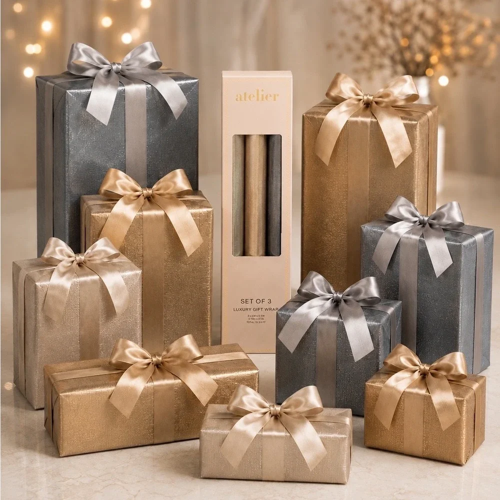 Atelier Luxury Gift Wrap Set of 3 Metallic Textured Paper Rolls 75 SqFt 109-01